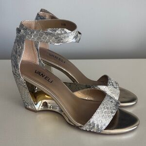 Vaneli Silver Metallic Snake-Texture Wedge Heels